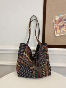 1 Pieza Bolsa De Hombro De Gran Capacidad Simple Y De Moda Con Patrón Vintage, Plegable Para Viaje Diario Y Compras - Multicolor - Ver 5