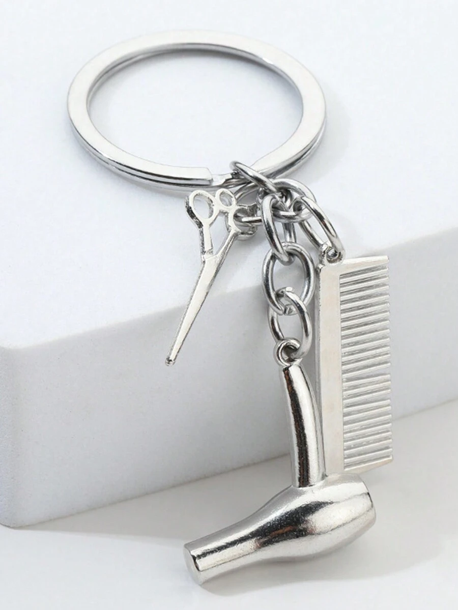 洗頭、剪髮、吹髮合金鑰匙扣,理髮、剪刀、吹風機、梳子、鑰匙扣飾品