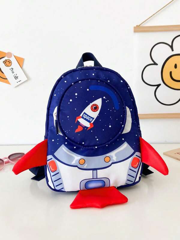 1pc Cartoon Rocket Design Zipper Closure Backpack For Boys And Girls