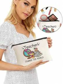 2 个装时尚字母印花化妆包，多功能化妆包，多功能拉链手拿包零钱包老师答谢礼物感谢老师化妆包化妆包毕业生日化妆包卡通图案化妆包，轻便便携礼品袋等功能性化妆包化妆包化妆包化妆收纳盒化妆收纳盒化妆袋化妆包 - 米色 - 查看 3