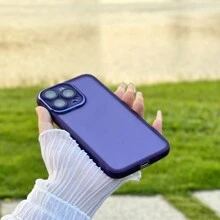 1pc Purple Simple Electroplated Lens Frame Precision Hole Frosted Solid Color Phone Case Compatible With IPhone/Compatible With Samsung Phones,International Version, Not The Domestic Version - Purple - View 6