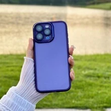 1pc Purple Simple Electroplated Lens Frame Precision Hole Frosted Solid Color Phone Case Compatible With IPhone/Compatible With Samsung Phones,International Version, Not The Domestic Version - Purple - View 4