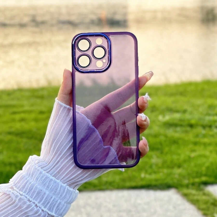 1pc Purple Simple Electroplated Lens Frame Precision Hole Frosted Solid Color Phone Case Compatible With IPhone/Compatible With Samsung Phones,International Version, Not The Domestic Version