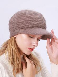 1pc Solid Stripe Casual Retro Acrylic Jacquard Rabbit Fur Knitted Beret, Warm Lining Earflap Newsboy Cap, Suitable For Autumn And Winter - Khaki - View 5