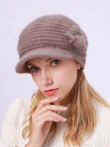 1pc Solid Stripe Casual Retro Acrylic Jacquard Rabbit Fur Knitted Beret, Warm Lining Earflap Newsboy Cap, Suitable For Autumn And Winter - Khaki - View 4