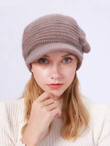 1pc Solid Stripe Casual Retro Acrylic Jacquard Rabbit Fur Knitted Beret, Warm Lining Earflap Newsboy Cap, Suitable For Autumn And Winter - Khaki - View 2