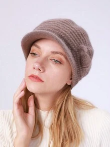 1pc Solid Stripe Casual Retro Acrylic Jacquard Rabbit Fur Knitted Beret, Warm Lining Earflap Newsboy Cap, Suitable For Autumn And Winter - Khaki - View 3