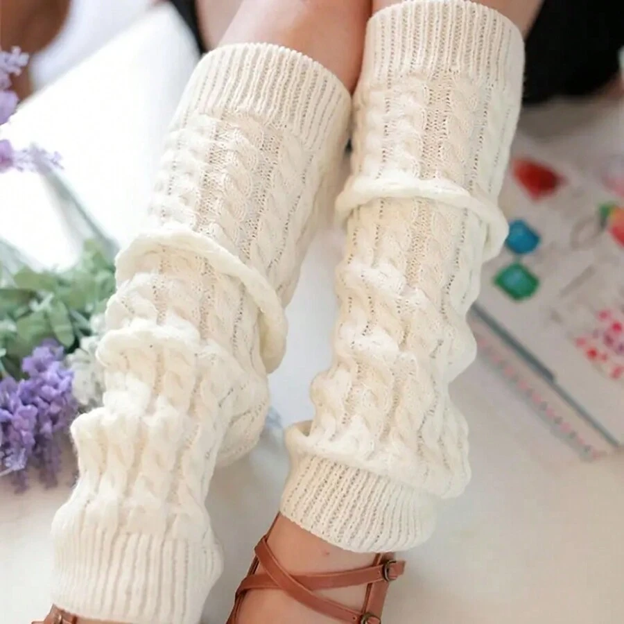 1pair White Knit Leg Warmers Suitable For Women's Daily Use - White - View 1