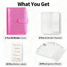 (pink) A6 Heart Pattern Zipper Binder, Cross Stitch Pattern Saving Binder With Diy Stickers, Durable Cash Manager, Budget Cash Envelope, Cash Filler Insert Refill - Hot Pink - View 3