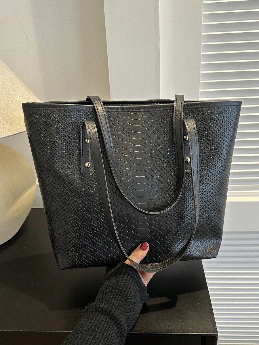 1 件黑色大容量仿蛇皮手提包帶金屬飾釘裝飾女士聖誕禮物