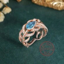 YBO S925 純銀天然瑞士藍托帕石開口羽毛戒指 - 藍色 - 查看 1