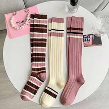 1pc Women's Comfortable And Breathable Striped Contrast Color Mid-calf Socks - Pink - View 5