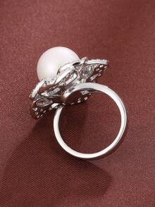 1pc Fresh Flower Design Copper Ring With And Pearl, Adjustable - Silver - View 4
