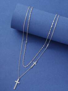 1pc Simple & Stylish Two-layer Cross Copper Necklace For Women, Dating And Daily Wear - White - View 3