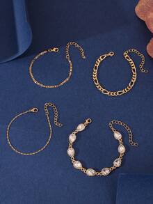 一組 4 件套優雅金色合金手鍊,鑲嵌水鑽,適合女士日常佩戴、禮物、派對 - 金黃色 - 查看 3