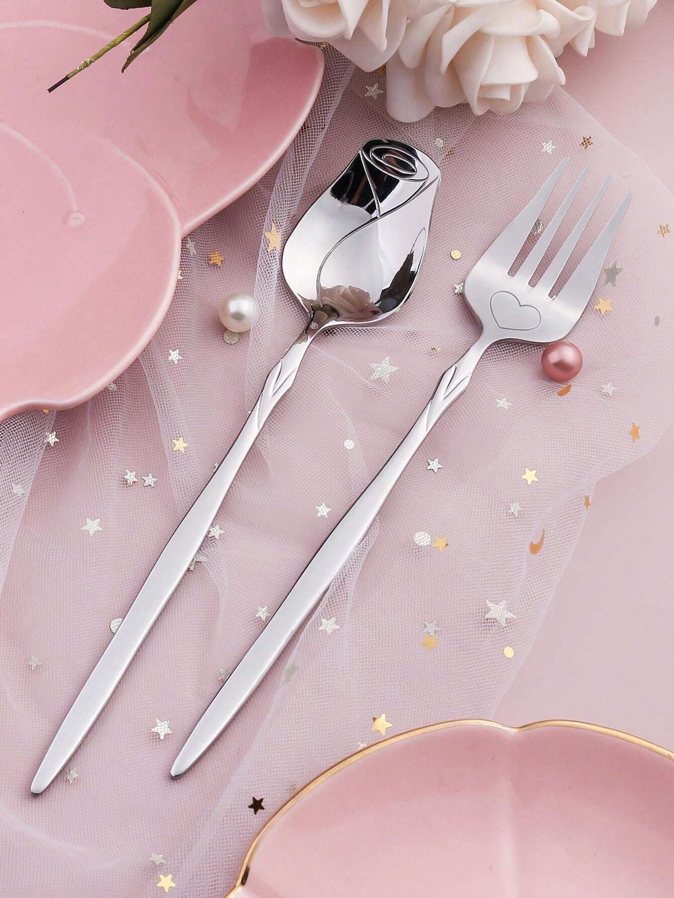 Valentine's Day Creative Silver Heart Rose Spoon And Fork Set For Home