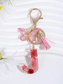 1 件字母 & 花朵 & 水晶 & 流苏 & 蝴蝶钥匙扣，时尚包包饰物，配有真正的干花和环氧树脂情人节情人节礼物纪念品汽车配件学校背包万圣节配饰教师节 - 彩色 - 查看 19