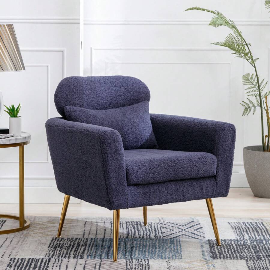 WellMall Mid Century Modern Boucle Accent Chair Upholstered Reading Chair Armchair Side Chair Single Sofa with Throw Pillow Leisure Club Chair with Gold Metal Leg for Living Room Bedroom Dorm Room Office - Màu xanh hải quân - Xem 1