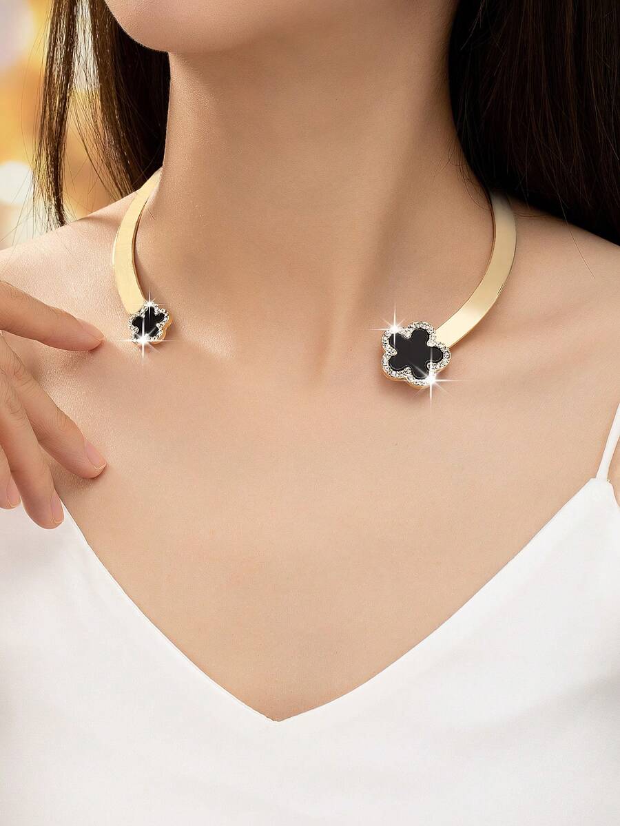 1入款女士時尚合金圓領項鏈,鑲有鑽石,彩色花朵和梅花形裝飾 - 黑色 - 查看 1