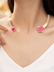 1入款女士時尚合金圓領項鏈,鑲有鑽石,彩色花朵和梅花形裝飾 - 黑色 - 查看 5