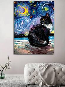 1入組星空貓油畫藝術畫布牆面裝飾,適用於客廳、臥室、書房、兒童房、家居裝飾(僅限畫布) - 彩色 - 查看 2
