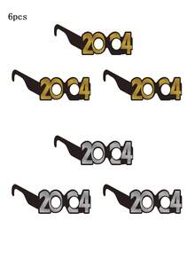 6入組2024年新年派對眼鏡,節慶裝飾面具,攝影道具氣氛創造用品 - 黑色 - 查看 1