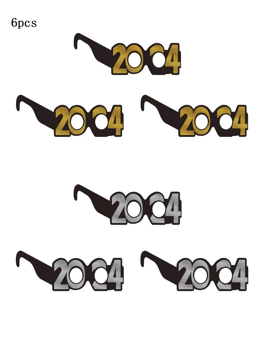 6入組2024年新年派對眼鏡,節慶裝飾面具,攝影道具氣氛創造用品 - 黑色 - 查看 1