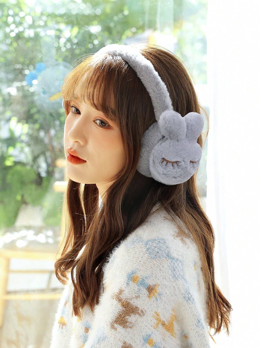 1pc Winter Warm Plush Rabbit Ear Warmer Headband, Adjustable And Suitable For Outdoor Activities - Grey - View 1
