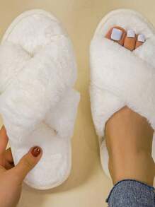 Pantuflas de Peluche Calientitas de Tiras Cruzadas Para Mujer - Blanco - Ver 4