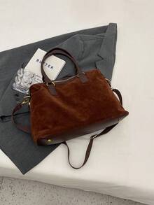 1 件拼接字母裝飾拉鍊開合大容量波士頓枕袋,適合女士日常或短途旅行或通勤 - 鏽棕色 - 查看 4