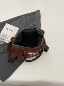 1 件拼接字母裝飾拉鍊開合大容量波士頓枕袋,適合女士日常或短途旅行或通勤 - 鏽棕色 - 查看 5