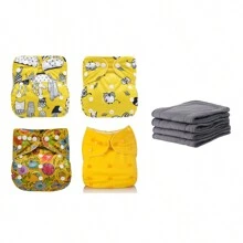 Baby Cloth Diapers One Size Adjustable Washable Reusable Pocket Diapers for Baby Girls and Boys 4 Pcs Diaper +4 Charcoal Bamboo Inserts Unisex Yellow Pack - Black - View 1