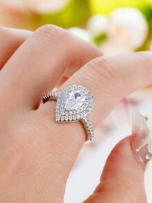 1顆華麗的方形氧化鋯石戒指,適用於女性情人節禮物,婚禮週年紀念派對珠寶 - 銀色 - 查看 7