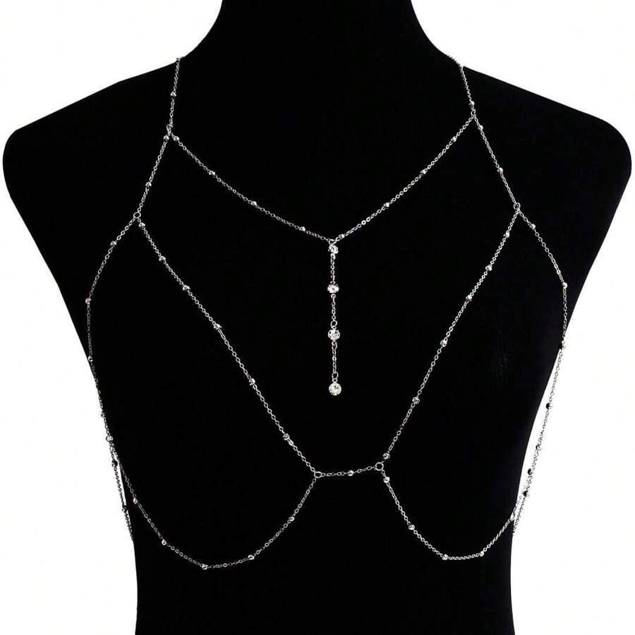 1pc Simple European & American Vacation Style Beach Silver Body Chain, Chest Chain, Waist Chain - Silver - View 1