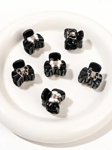 6入組迷你白色&黑色閃耀髮夾套裝,女孩甜美風公主小圓麵包,風格帶蝴蝶結設計