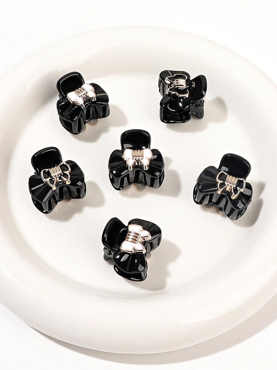 6入組迷你白色&黑色閃耀髮夾套裝,女孩甜美風公主小圓麵包,風格帶蝴蝶結設計