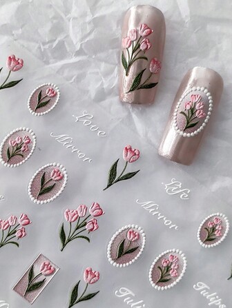 1pc 3d Cartoon Floral Nail Sticker With Adhesive Backing, Elegant Color Mix Nail Stickers DIY