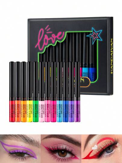 HANDAIYAN 12-Piece Color Eyeliner Pen Set: Matte Quick-Dry Liquid Eyeliner & Gel Eyeliner For Halloween, Christmas, Back-To-School Season, And Campus Parties
