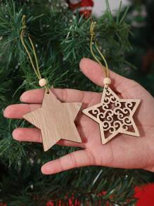 1 Set-12pcs Christmas Themed Party Decoration, Mix/Random Style Wooden Star Shaped Ornaments,Christmas - Apricot - View 4