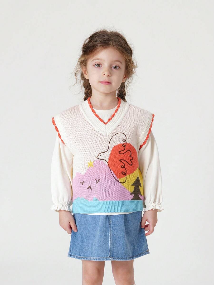 Girls' Cute Knitted Lace Vest With Jacquard Pattern And V-neck For Autumn - Apricot - View 1