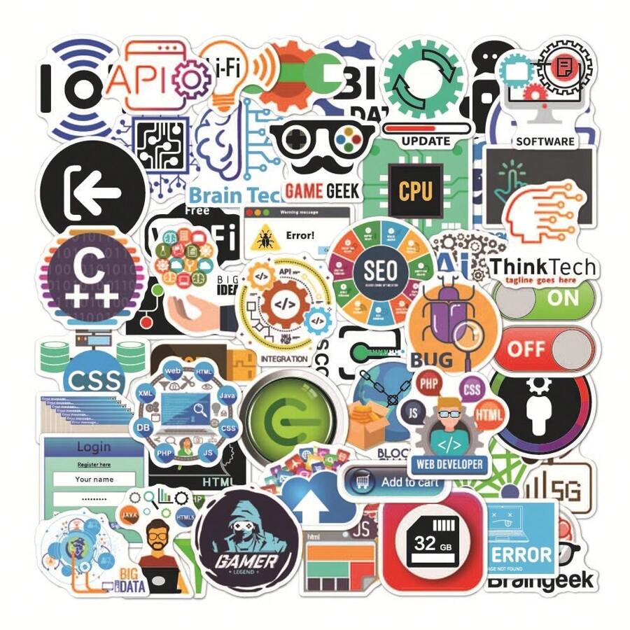 50pcs Cartoon Doodle Programming Stickers For Water Bottle, Laptop, Suitcase, Etc. - Multicolor - View 1