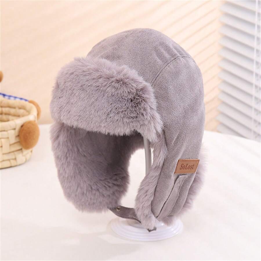男童及女童冬季嬰兒帽耳蓋帽保暖毛絨無簷小便帽帶翻蓋下巴帶