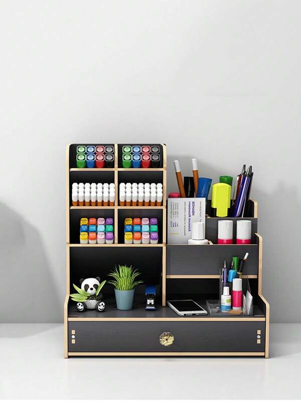 10Slot Slanted Inserting Pencil Cup, Desktop Pen Holder With Drawer