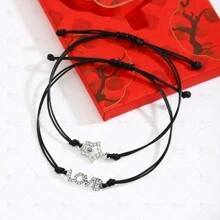 1pair Fashionable Turtle Shaped Rhinestone Inlaid Wax Rope Bracelet, Perfect For Daily Wear And Couples - 1 pair of black wax rope diamond turtle bracelets - View 3