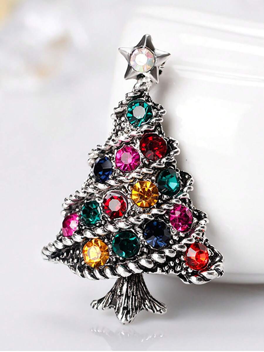 1pc European And American Style Christmas Tree Design Brooch With Rhinestone & Dripping Oil Effect, For Women, Daily, Festival Wear - Antique Silver - View 1