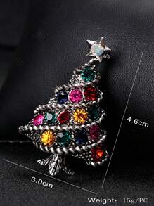1pc European And American Style Christmas Tree Design Brooch With Rhinestone & Dripping Oil Effect, For Women, Daily, Festival Wear - Antique Silver - View 5