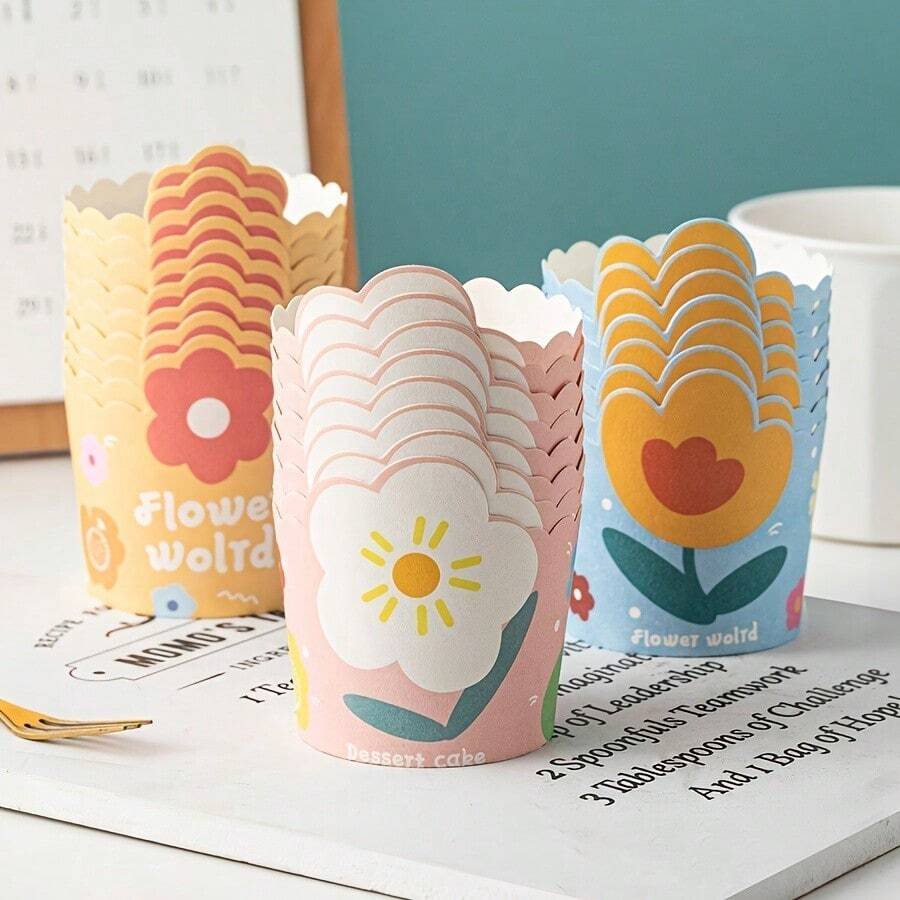 75pcs Cartoon Flower Cupcake Cups - High Temperature Resistant & Perfect for Ovens! - sunflower - View 1