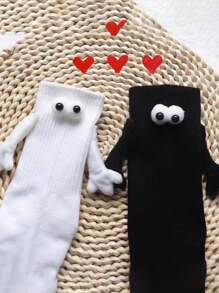 2pairs Fashionable Black & White Couple Hand In Hand Socks Suitable For Daily Use - Multicolor - View 1