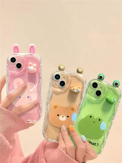 韩国可爱3D眼睛透明波浪手机壳适用于 17 Pro Max Air 16 15 14 13 12 12 11 Pro Max Plus可爱动物女孩柔软防震保险杠保护套