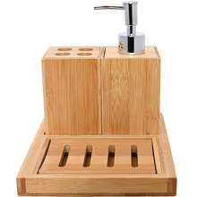 Kit Banheiro Bambu 4 Peças Sabonete Liquido Porta Escova  e Saboneteira - Bege - Visão 2
